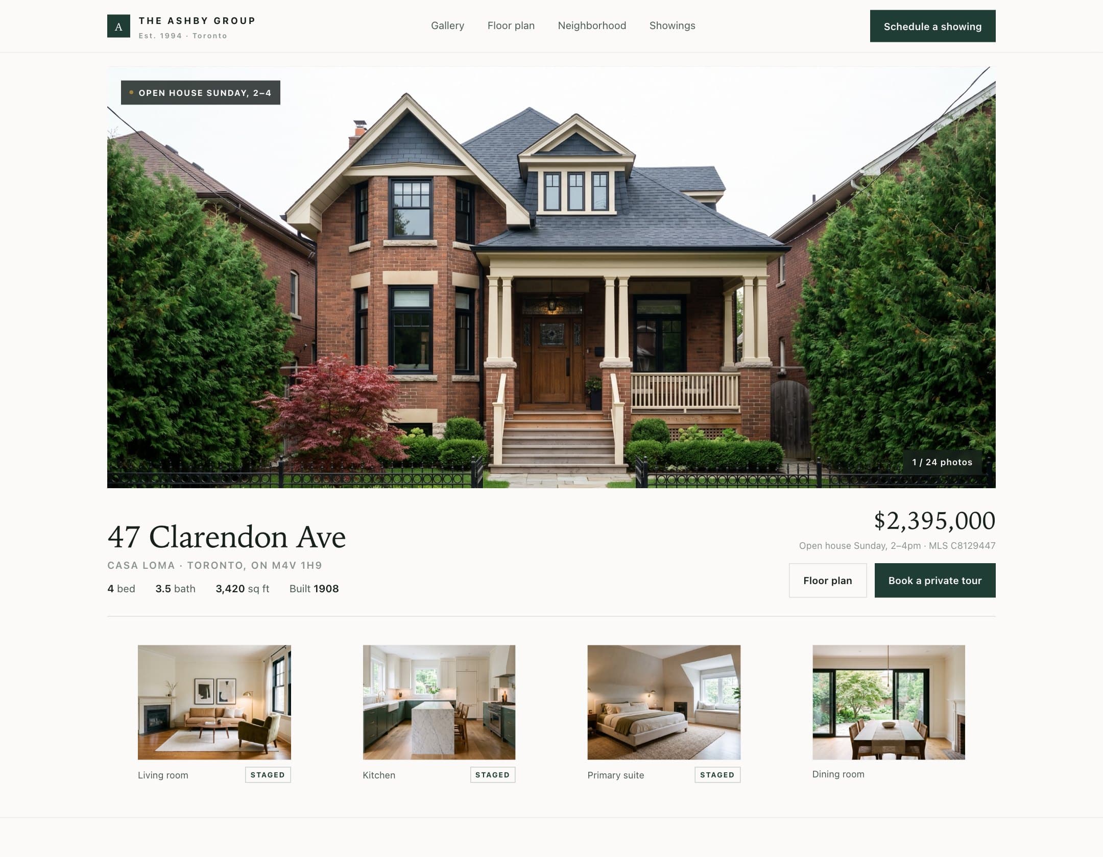 Un sitio web de anuncio generado para 47 Clarendon Ave, mostrado en una ventana de navegador: la marca de The Ashby Group, una foto de la casa de ladrillo rojo, la dirección con 4 habitaciones, 3.5 baños y 3,420 sq ft, un precio de $2,395,000 y una galería de cuatro habitaciones, tres de ellas etiquetadas como ambientadas virtualmente.
